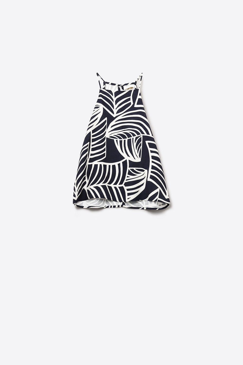 Top dos nu sans manches marine et blanc avec impression de feuilles blanches