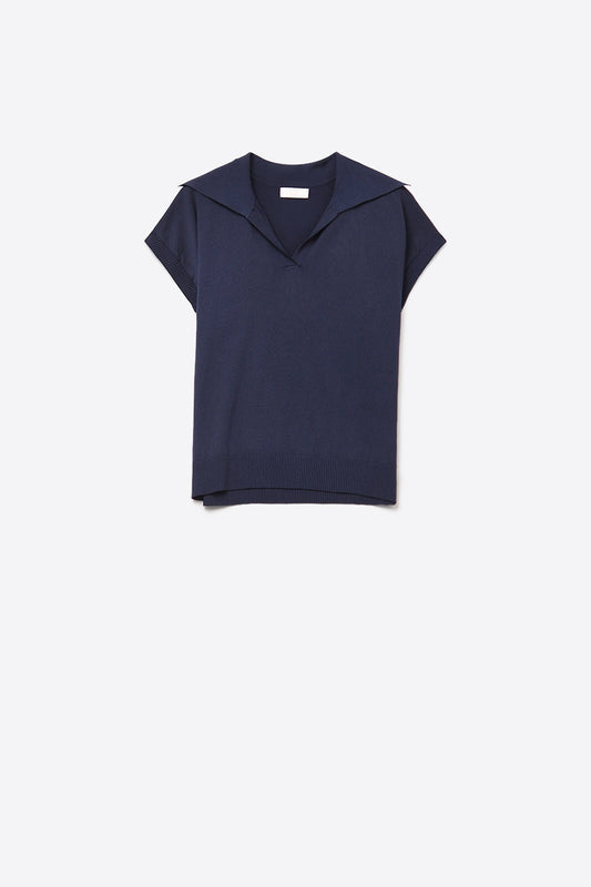 Top à manches courtes de type polo en tricot fin marine