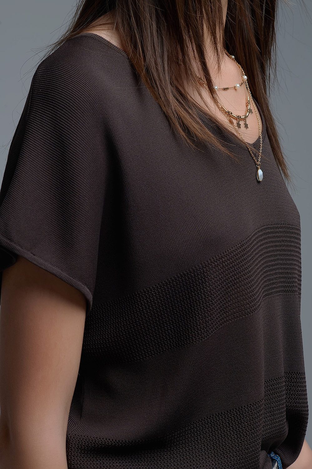 Pull en maille texturée rayée marron