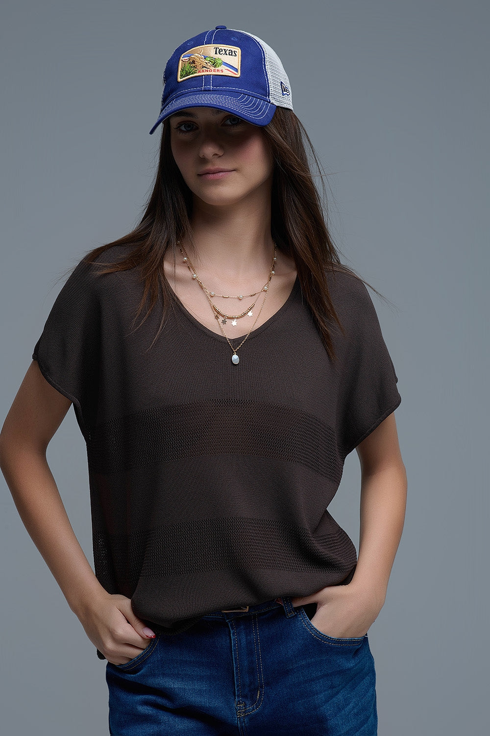Pull en maille texturée rayée marron