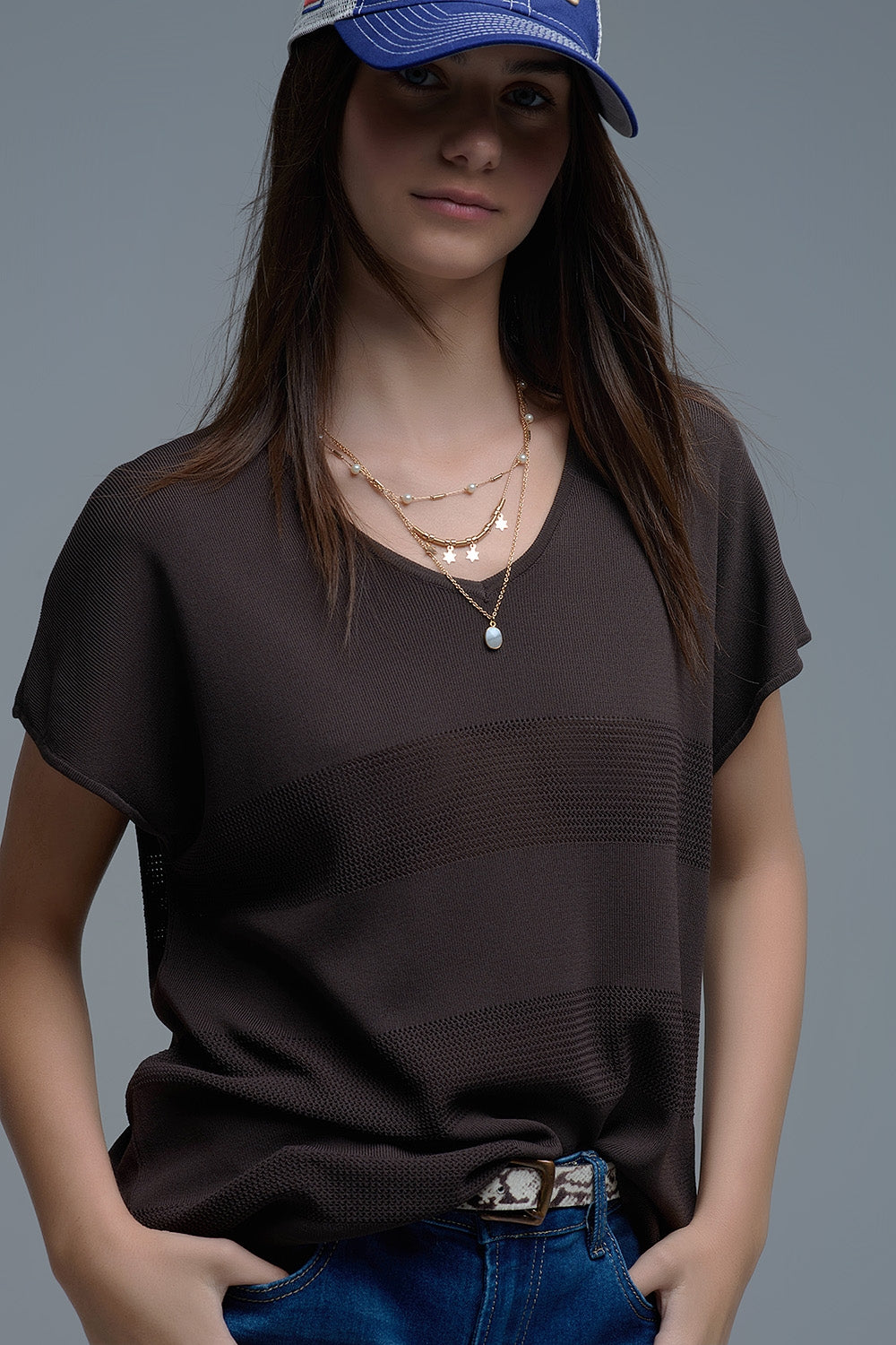 Pull en maille texturée rayée marron