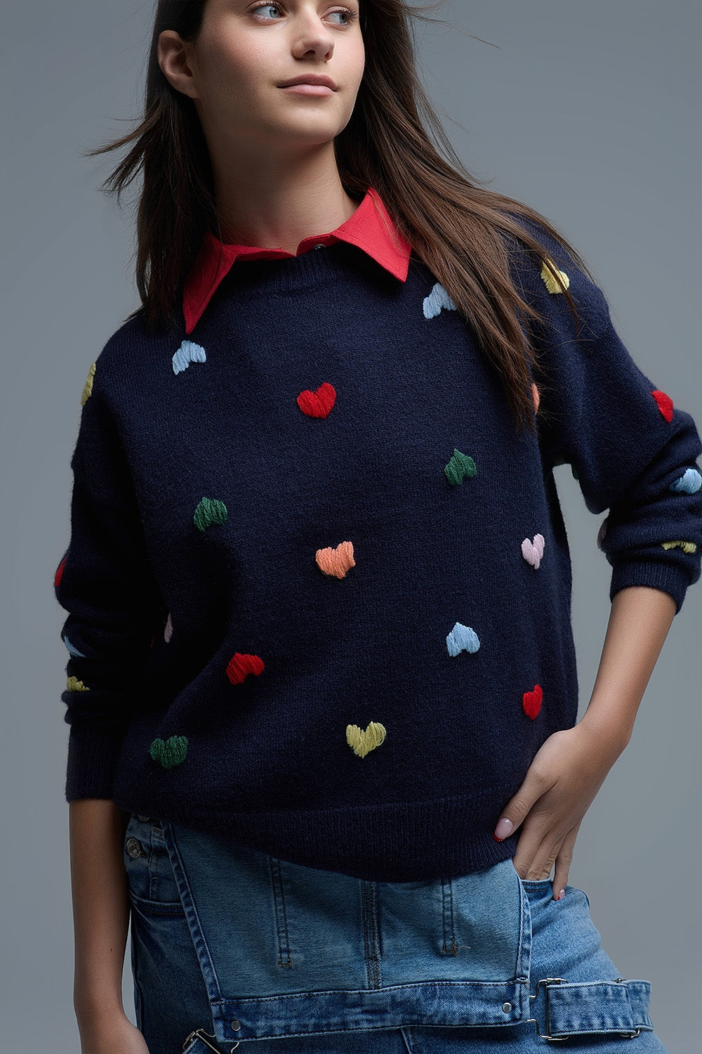 Navy Crew neck Sweater With Multicolor Embroidered Hearts (Pull ras du cou bleu marine avec cœurs brodés multicolores)