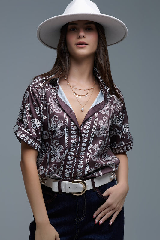 Chemise à manches courtes imprimée Paisley marron