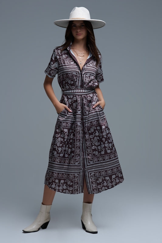 Robe chemise à manches courtes imprimée Paisley marron