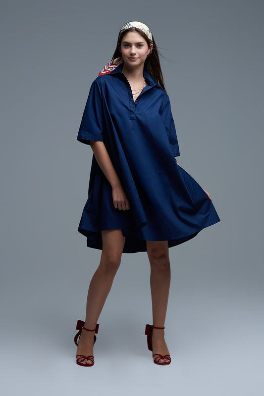 Robe oversize en popeline à manches 3/4 marine
