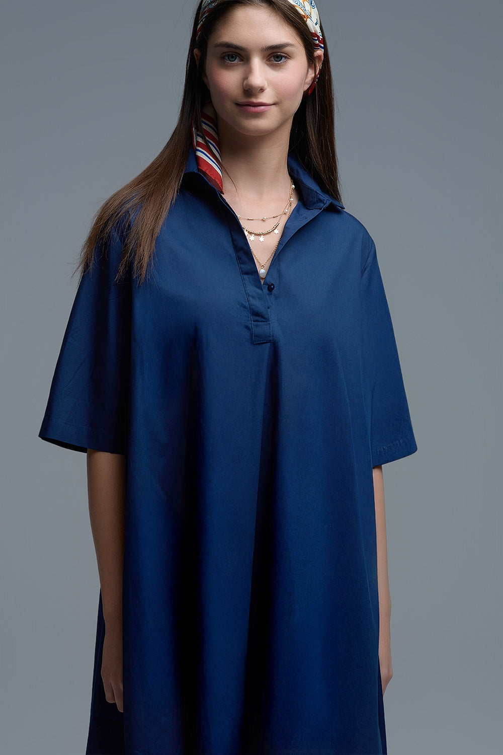 Robe oversize en popeline à manches 3/4 marine