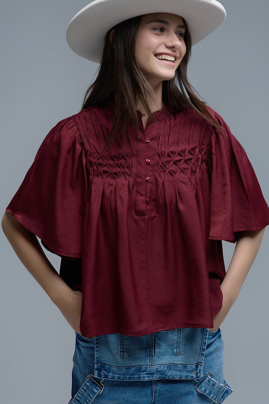 Chemisier décontracté de style bohème couleur vin avec détails brodés