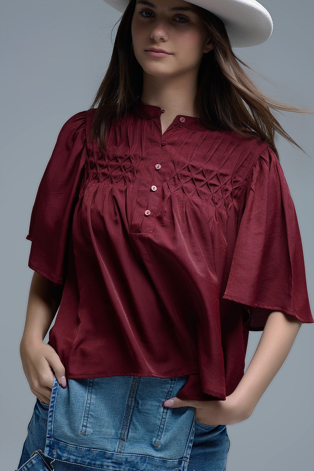 Chemisier décontracté de style bohème couleur vin avec détails brodés