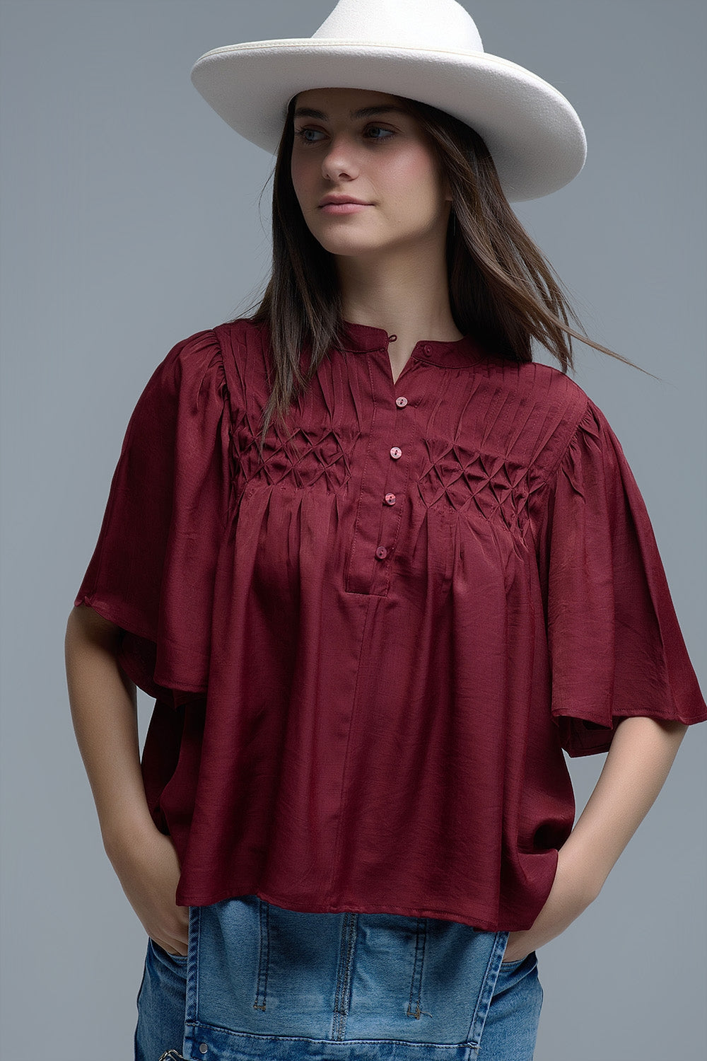 Chemisier décontracté de style bohème couleur vin avec détails brodés