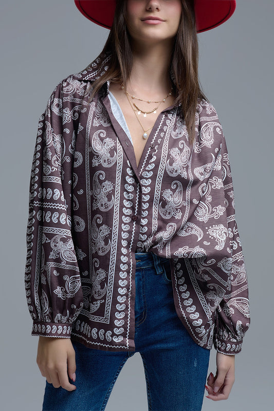 Chemise marron à manches volumineuses et motif cachemire
