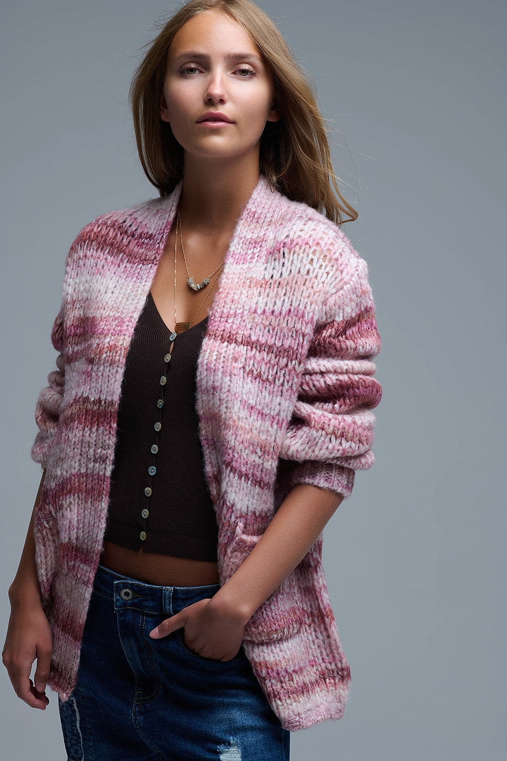 Cardigan long oversize à rayures chinées et poches en rose