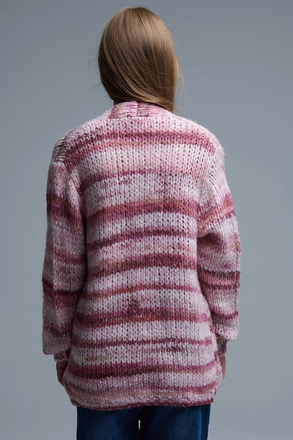 Cardigan long oversize à rayures chinées et poches en rose