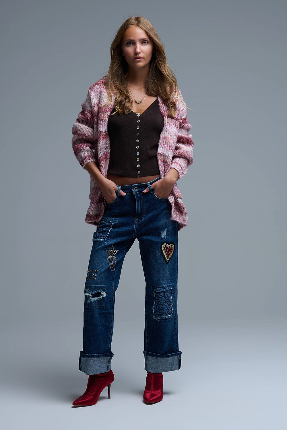 Cardigan long oversize à rayures chinées et poches en rose