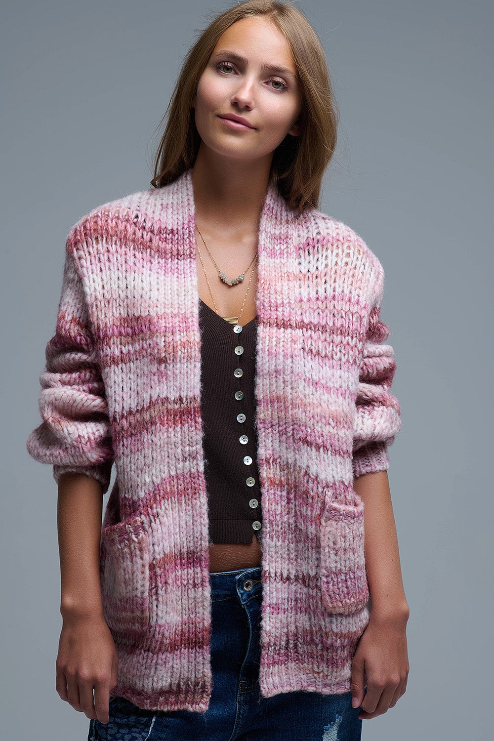 Cardigan long oversize à rayures chinées et poches en rose