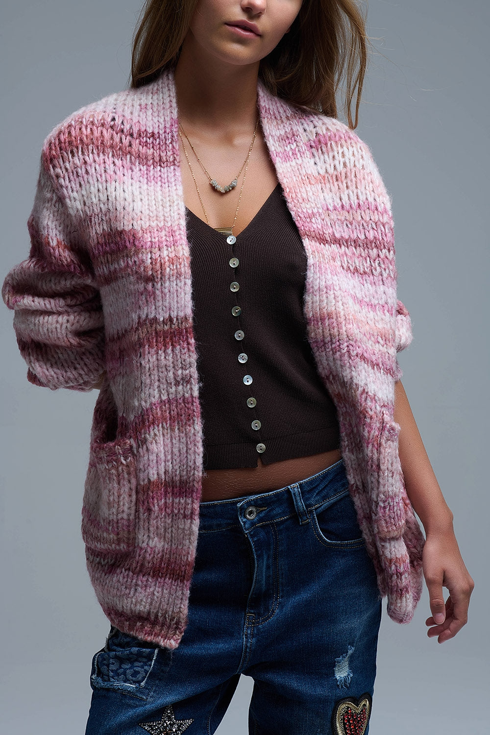 Cardigan long oversize à rayures chinées et poches en rose