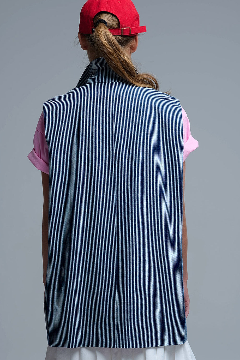 Gilet long rayé à col châle en bleu et blanc
