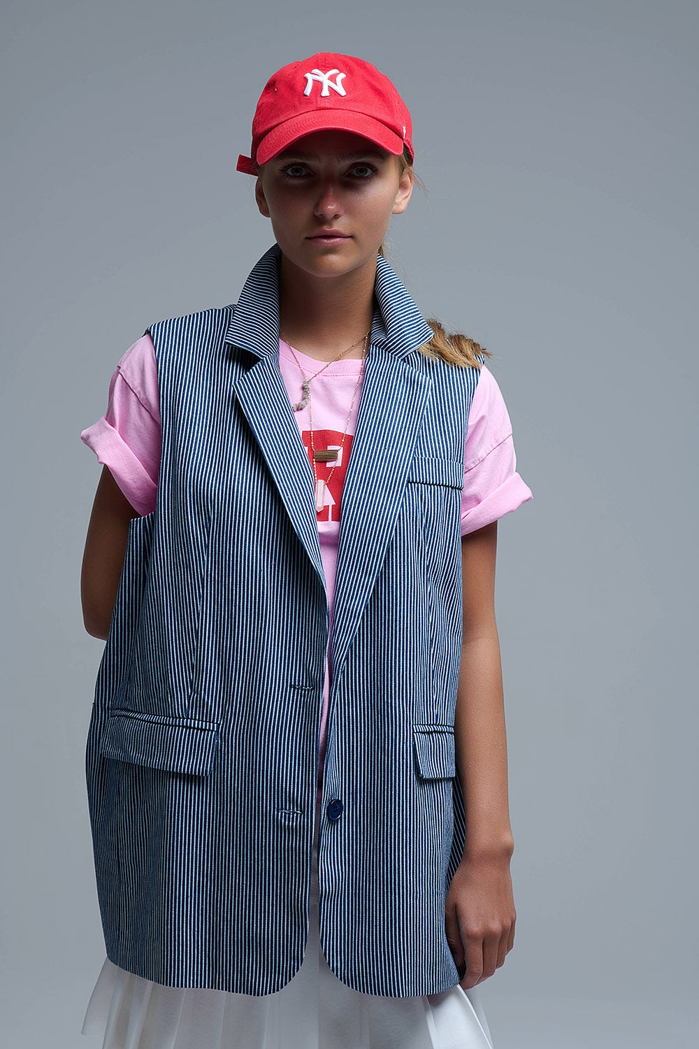 Gilet long rayé à col châle en bleu et blanc