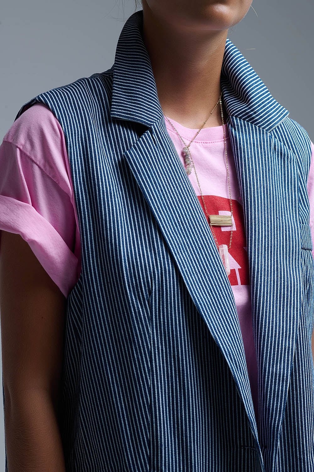 Gilet long rayé à col châle en bleu et blanc