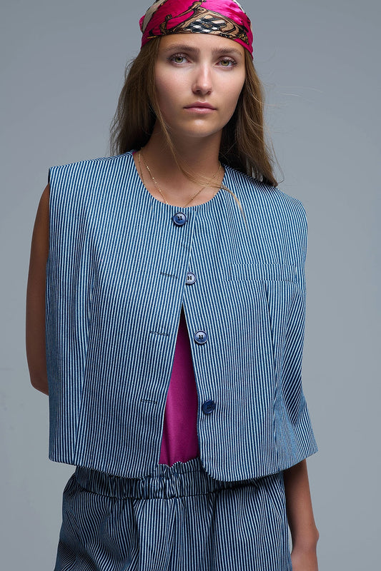 Gilet ras du cou rayé bleu et blanc