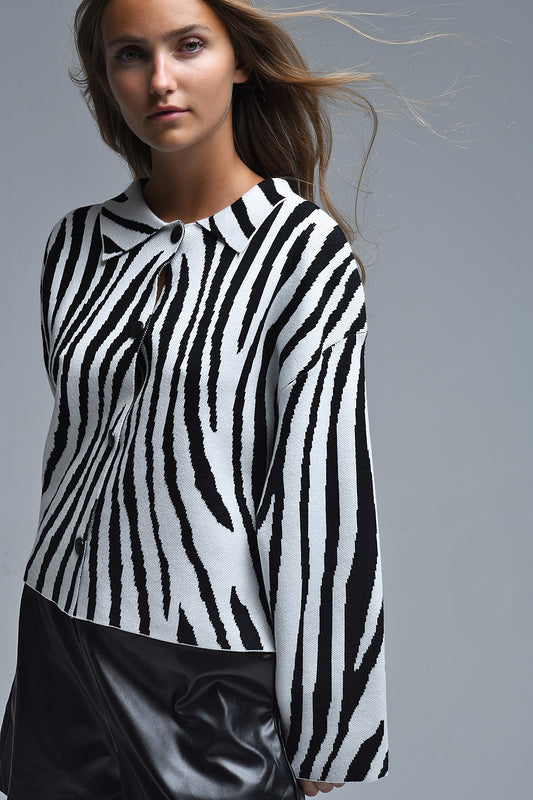 Cardigan à col polo imprimé zèbre noir et blanc