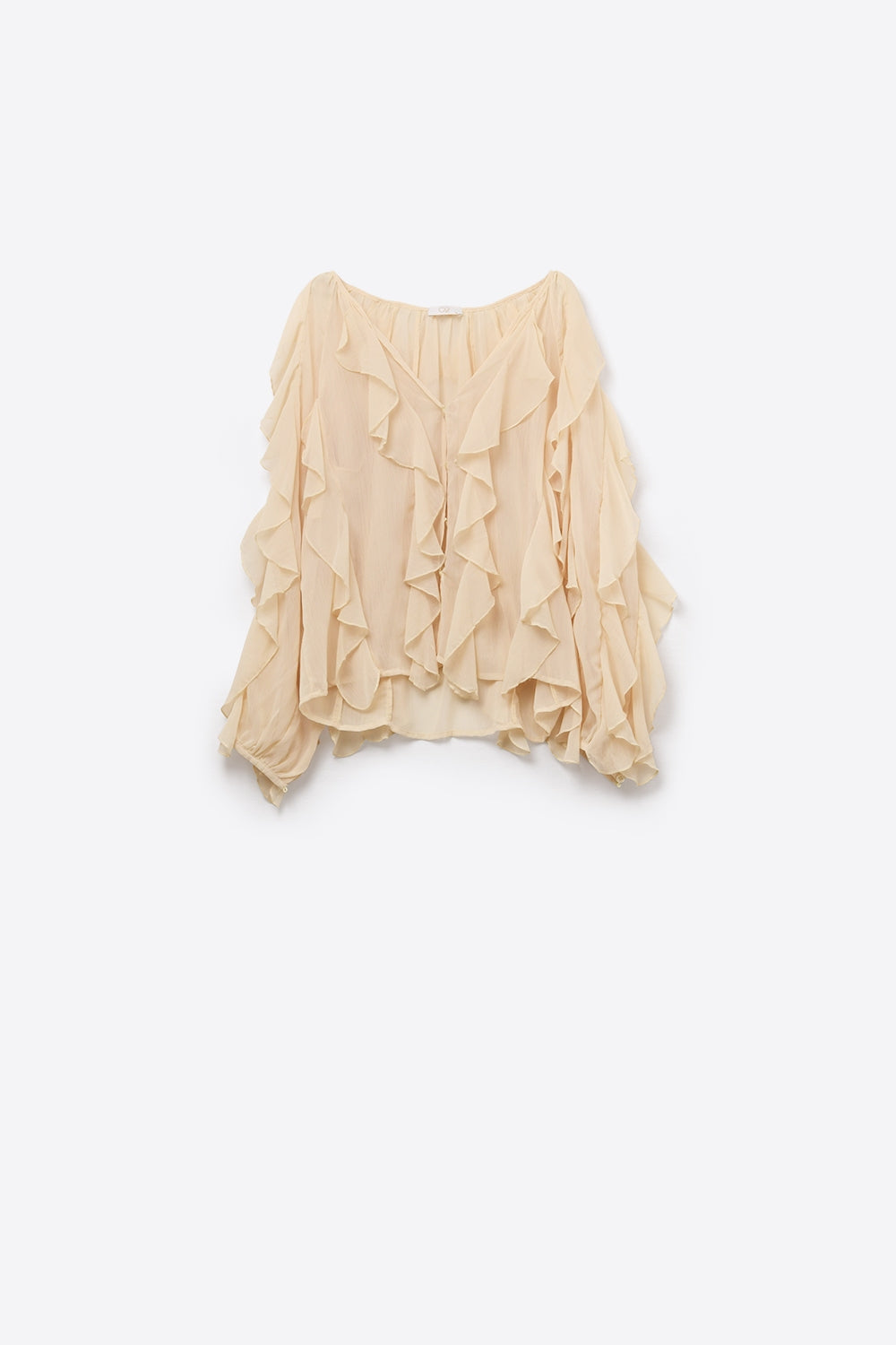 Blouse beige à col V et volants sur l'ensemble du corps
