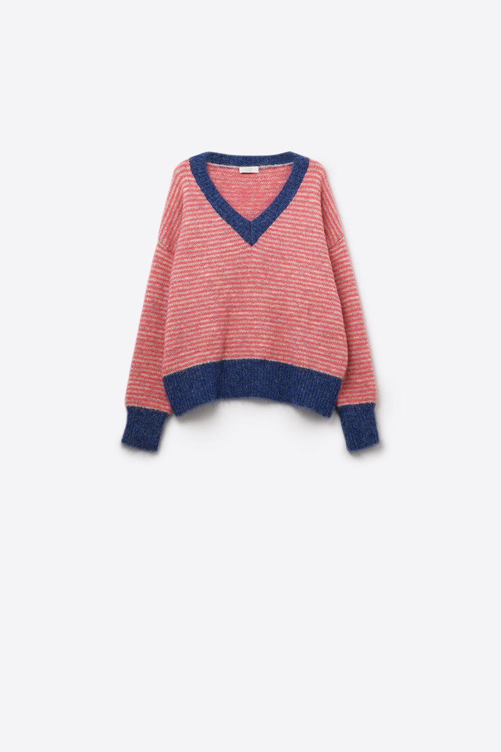 Pull en tricot rayé fuchsia avec détails bleus