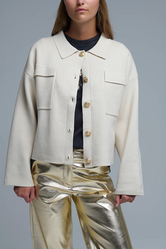 Cardigan formel décontracté en tricot avec poches poitrine en beige