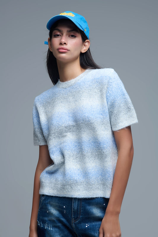 Pull rayé ombré à manches courtes bleu