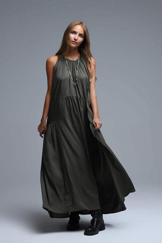 Robe longue à col licou et coutures apparentes en kaki