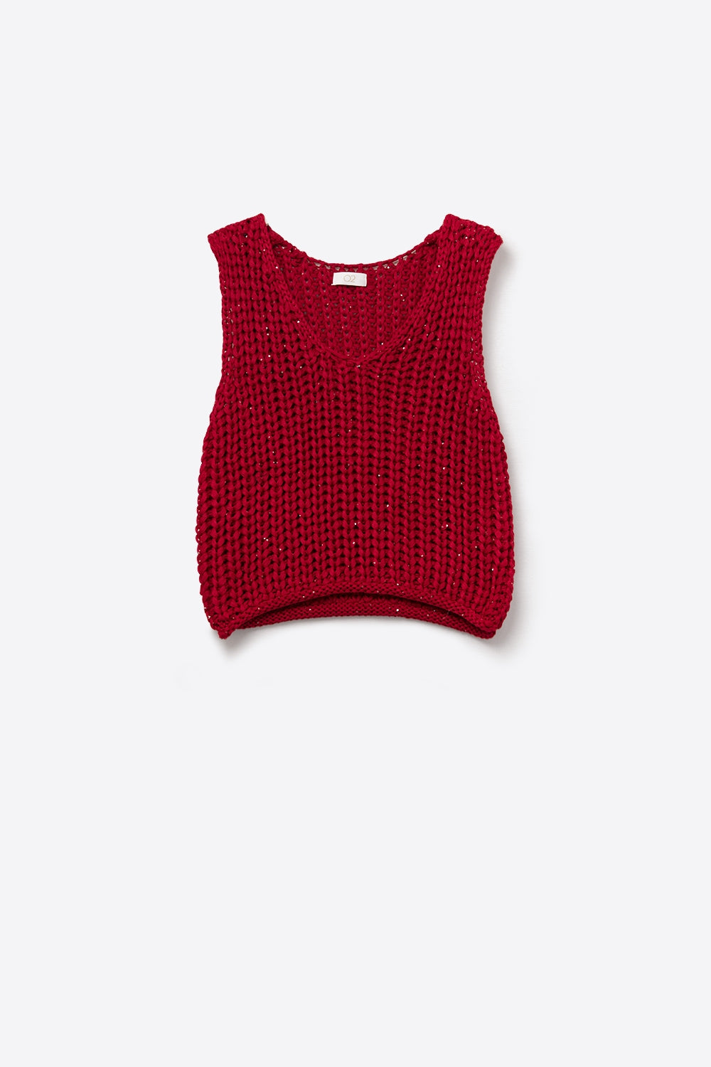 Gilet crocheté en rouge avec fils pailletés