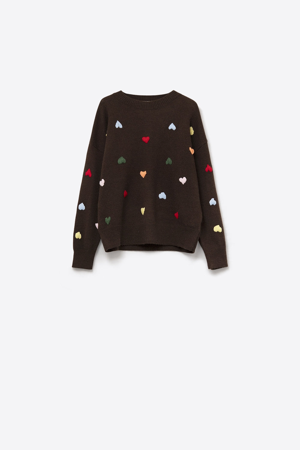 Brown Crew neck Sweater With Multicolor Embroidered Hearts (Pull à col ras du cou marron avec des cœurs brodés multicolores)