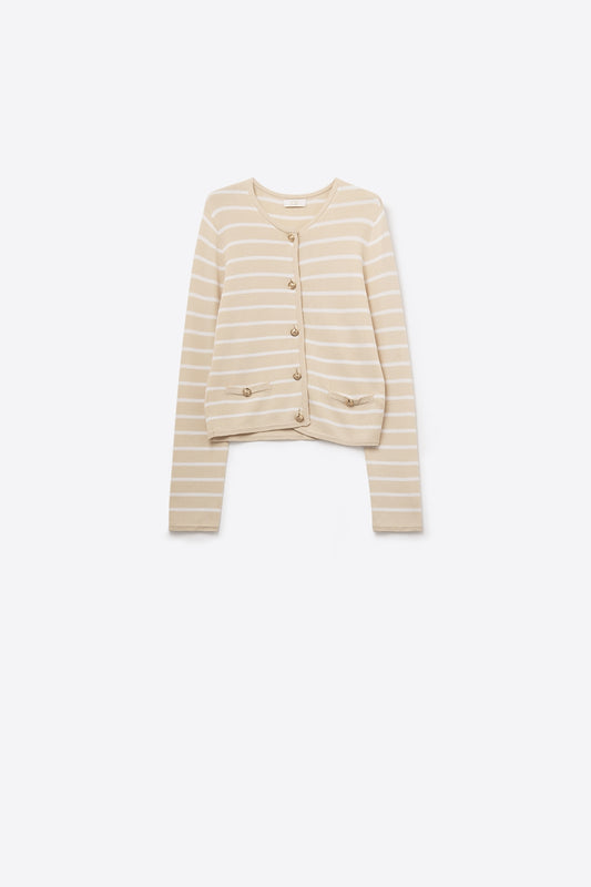 Cardigan beige à rayures blanches et boutons dorés