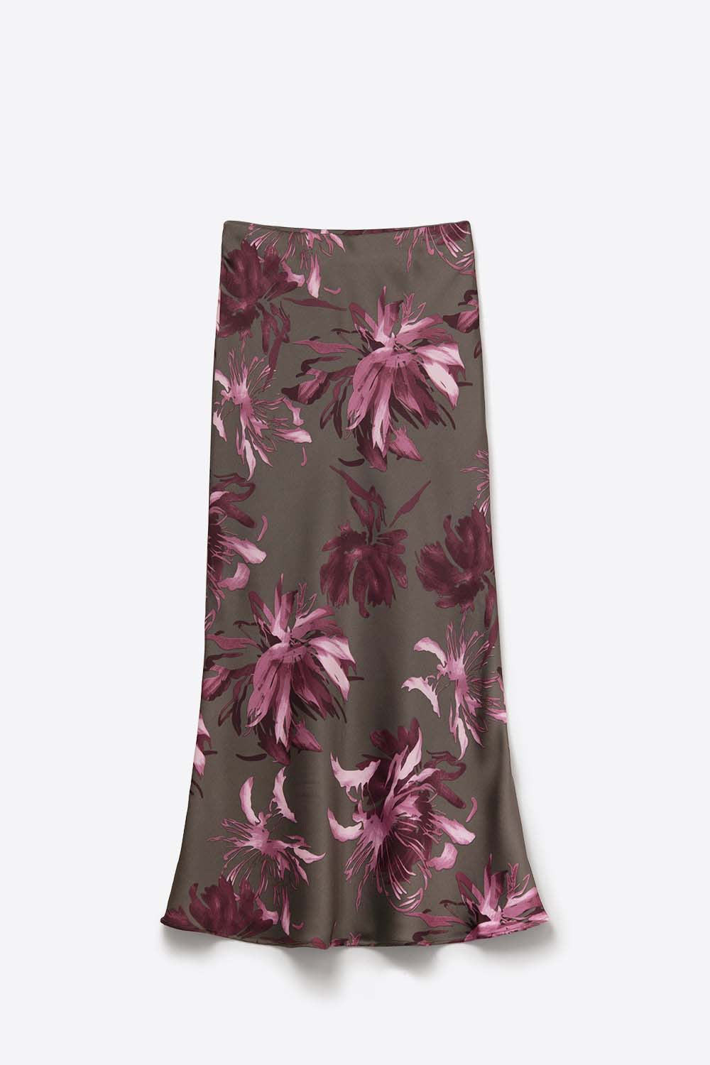 Élégante jupe midi à fleurs en satin gris