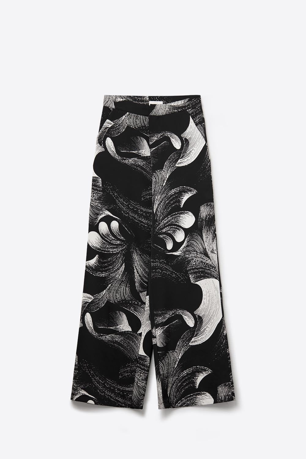 Pantalon large noir imprimé élégant en tissu satiné