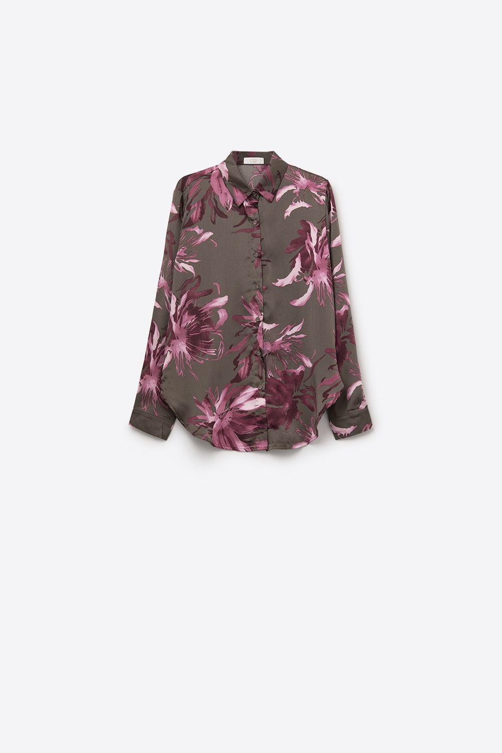 Chemise en satin imprimé floral gris avec boutons