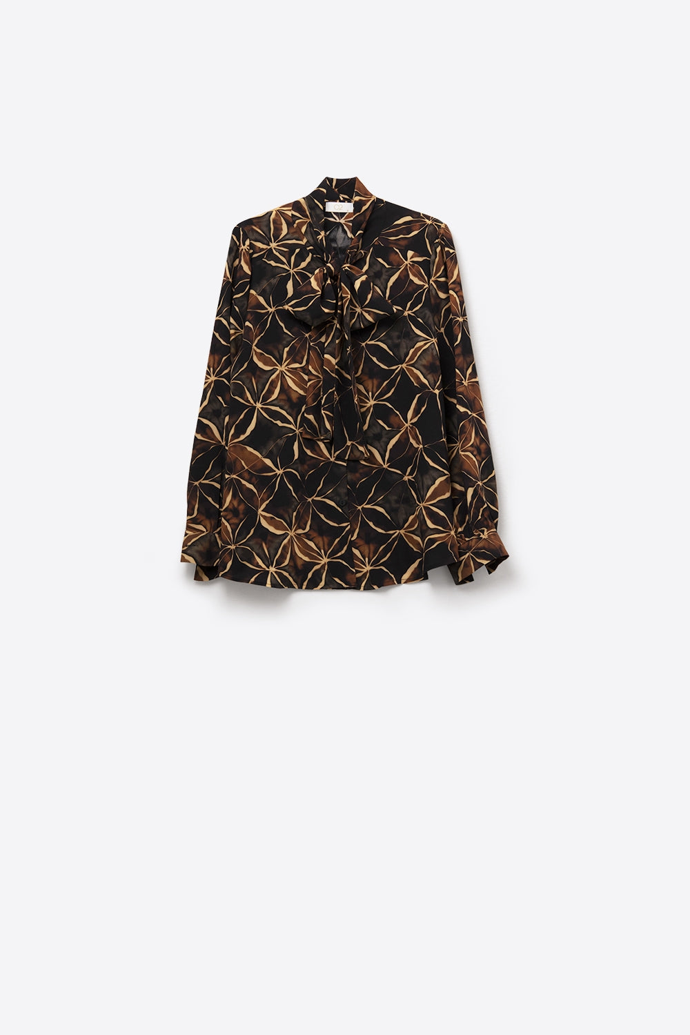 Chemise en mousseline de soie noire à imprimé abstrait et nœud papillon