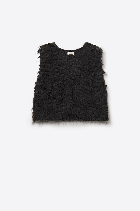 Gilet luxueux avec texture noire à poils longs