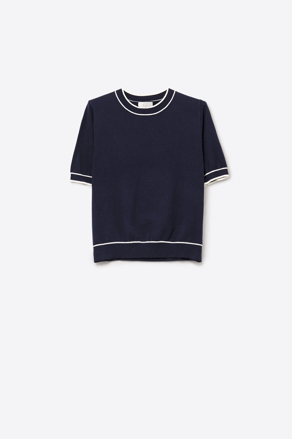 Pull à manches courtes marine avec détails de lignes blanches