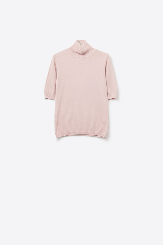 Pull en maille fine rose avec col montant et manches coudées