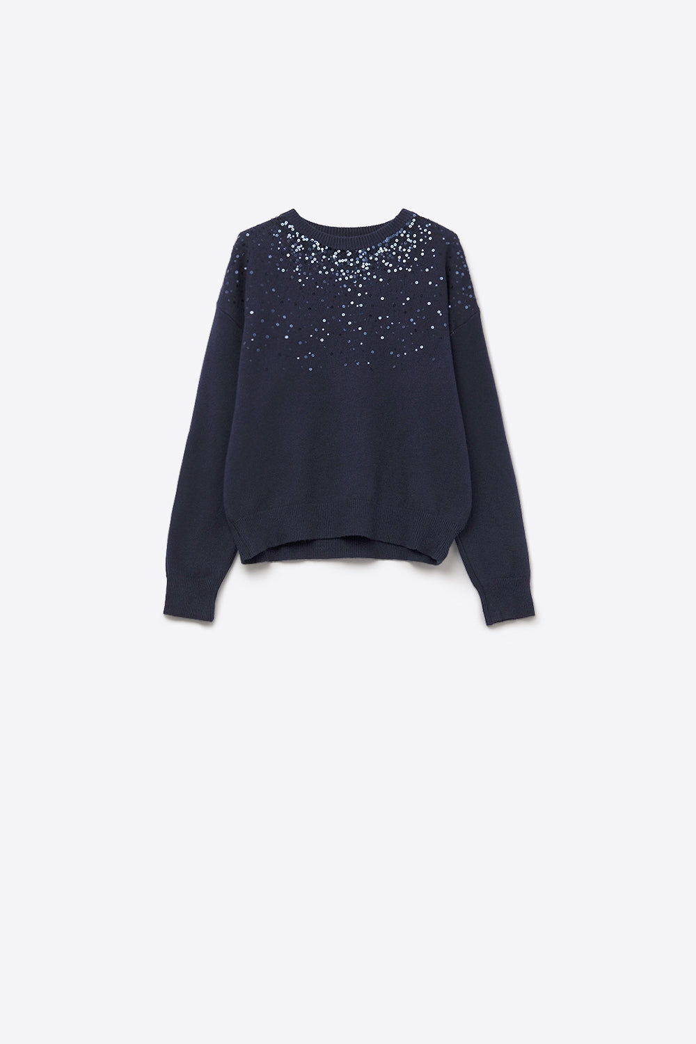 Pull en maille douce marine orné de paillettes sur le devant