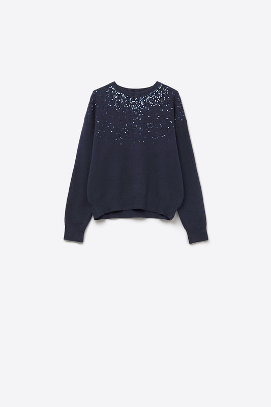 Pull en maille douce marine orné de paillettes sur le devant