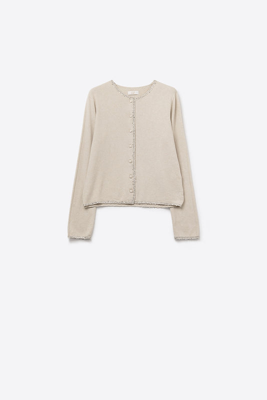 cardigan beige en maille fine avec détails en strass