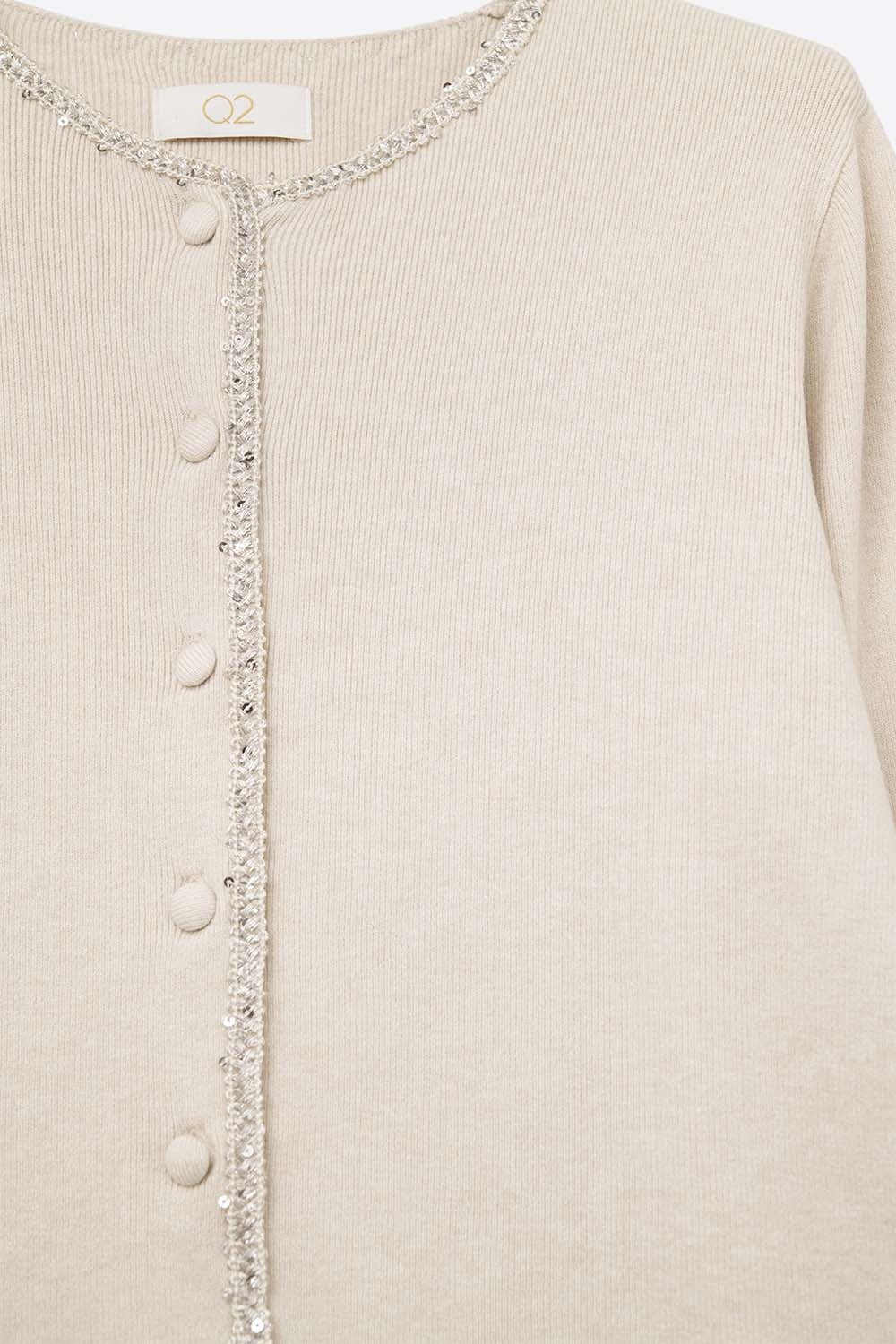 cardigan beige en maille fine avec détails en strass
