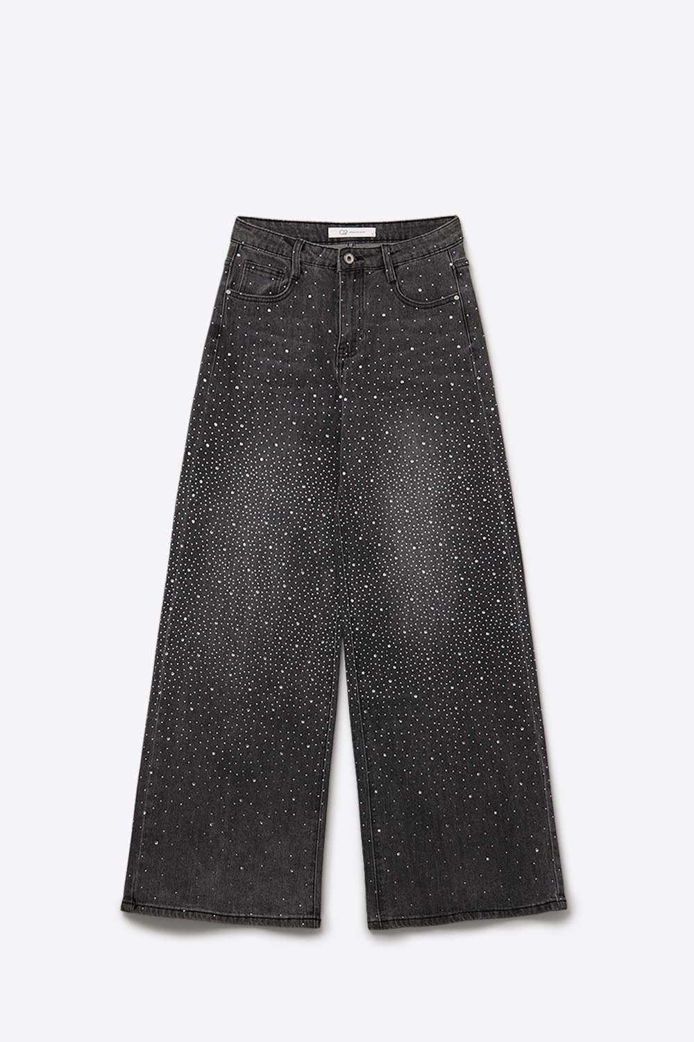 Jeans à jambe large avec strass noir