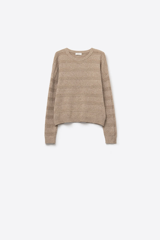 Pull en tricot rayé beige avec paillettes
