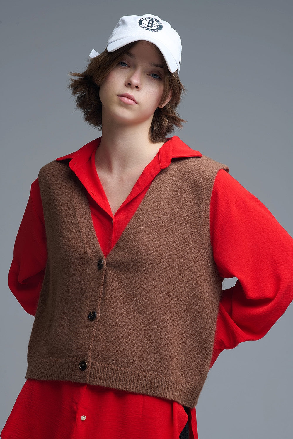 Gilet court en tricot marron chocolat
