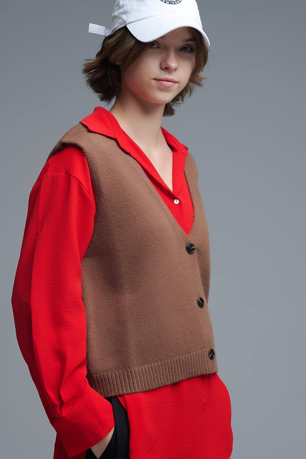Gilet court en tricot marron chocolat