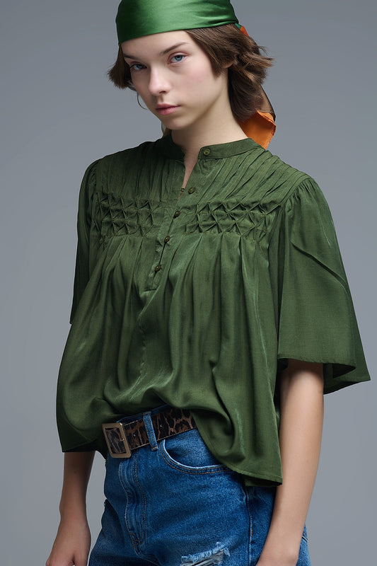 Chemisier vert décontracté de style bohème avec détails brodés