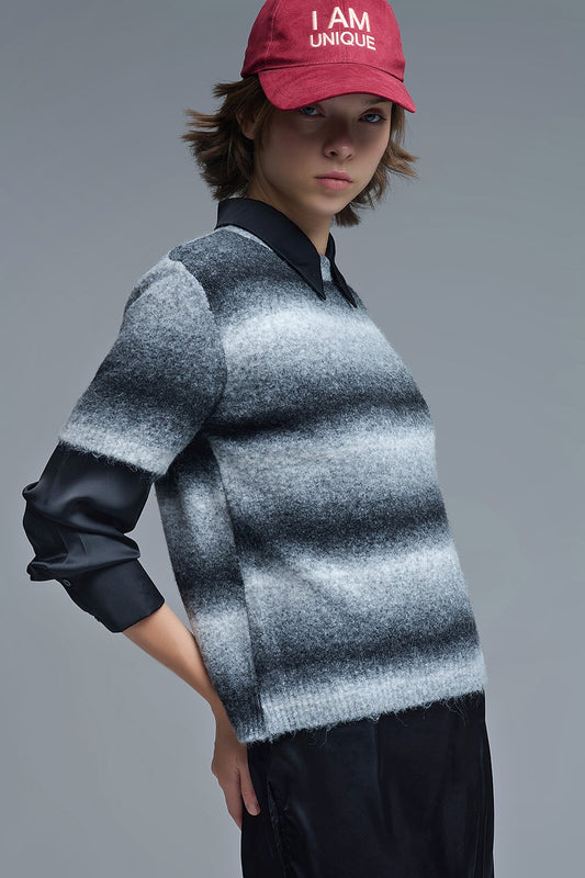 Pull rayé ombré à manches courtes en gris