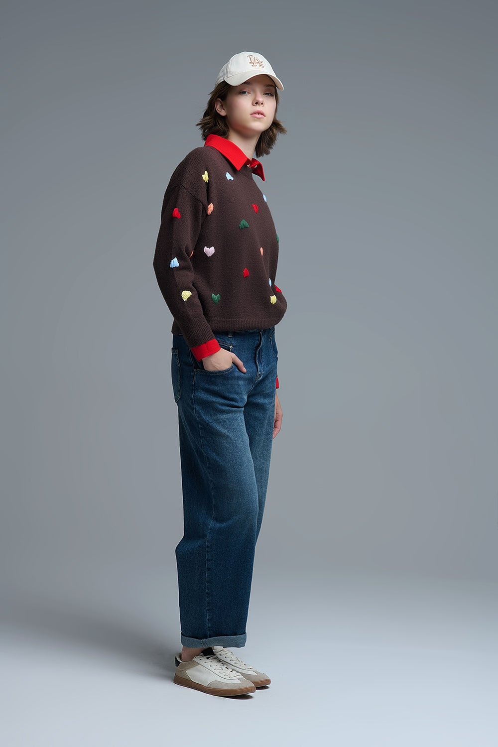 Brown Crew neck Sweater With Multicolor Embroidered Hearts (Pull à col ras du cou marron avec des cœurs brodés multicolores)